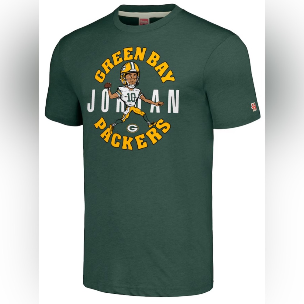 Jordan Love Green Bay Packers Caricature Green Tri-Blend Shirt by Homage in Bag